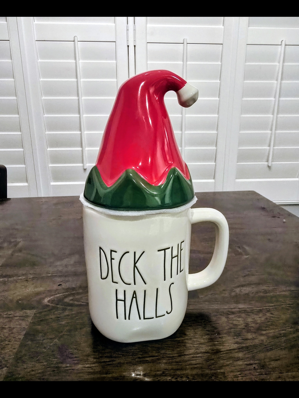 Rae Dunn Cream "DECK THE HALLS" Mug with Red and Green Elf Hat Lid